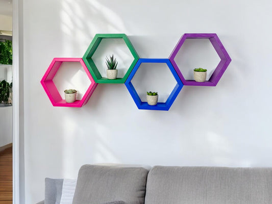 Set of 4 Multi-colored Hexagon Shelves - 3.5" Depth